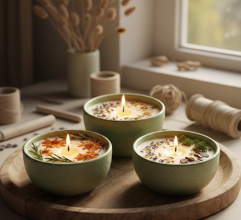 Sophisticated candle design with embedded elements