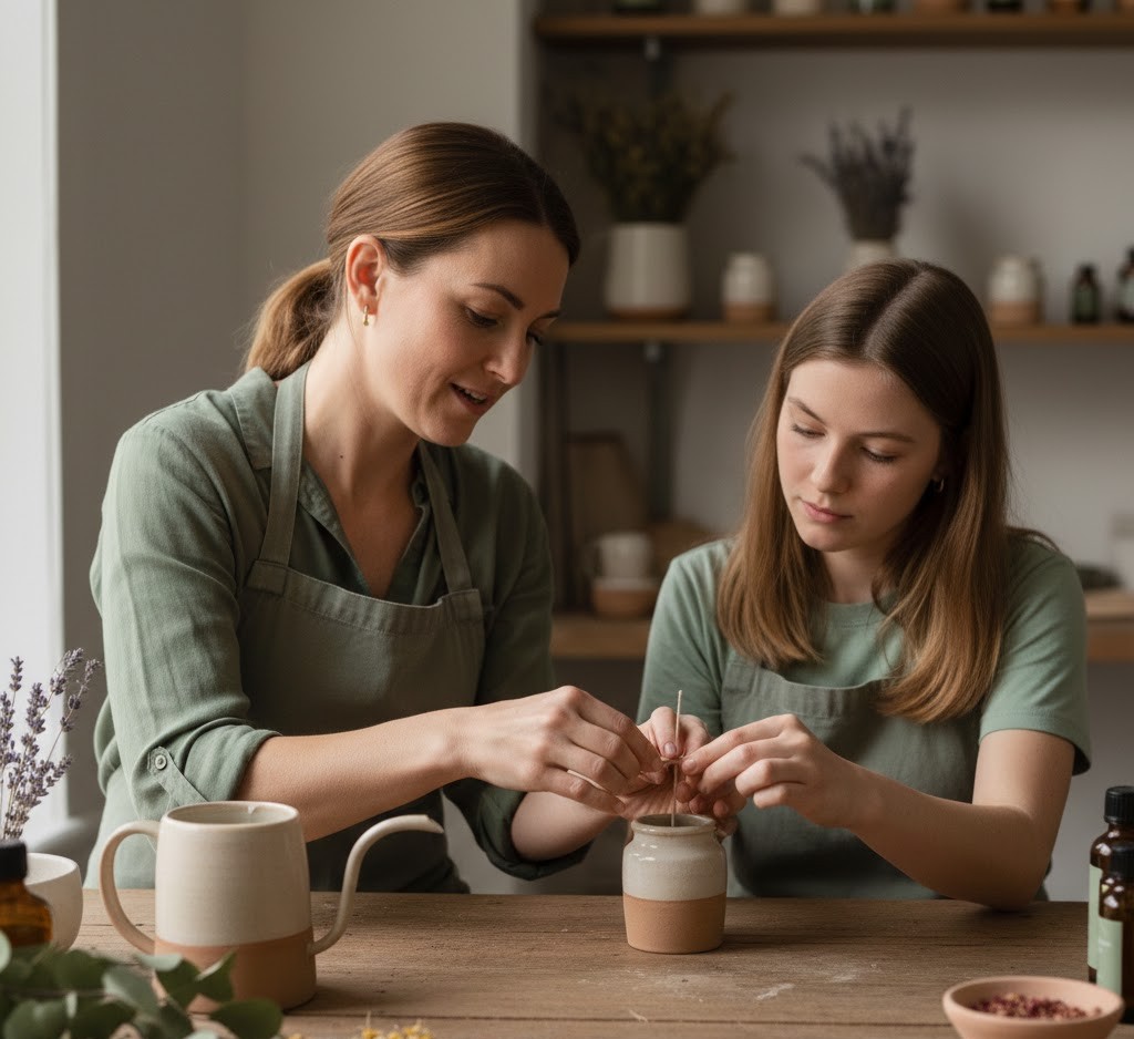 Experienced instructor teaching candle making techniques