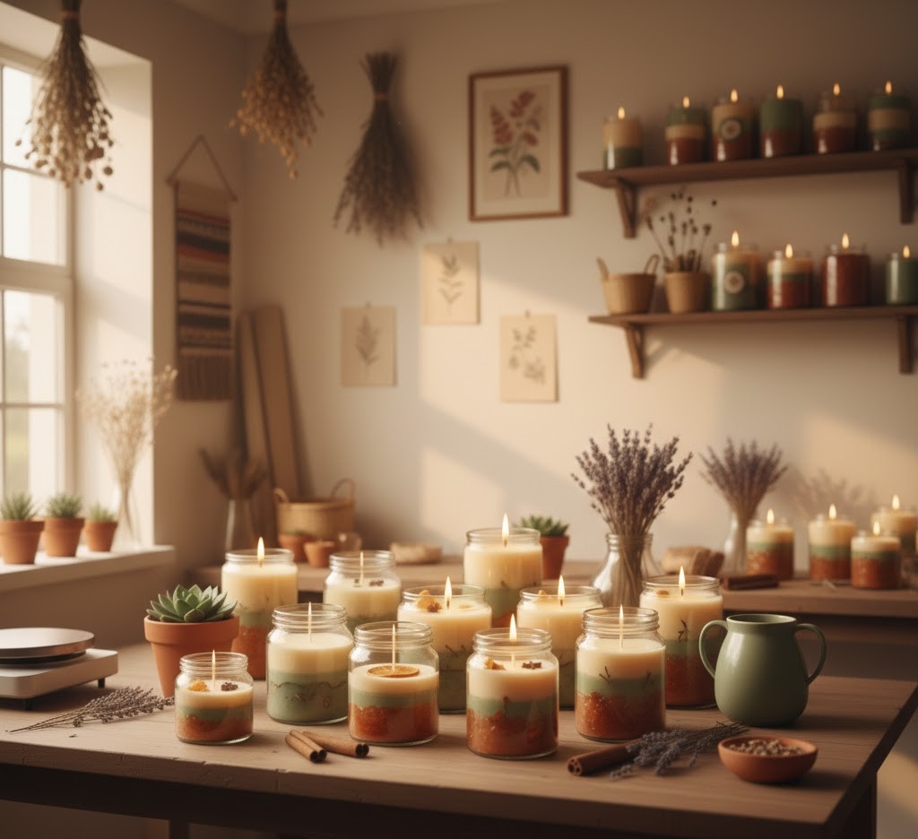 Cozy candle making workshop space with natural lighting